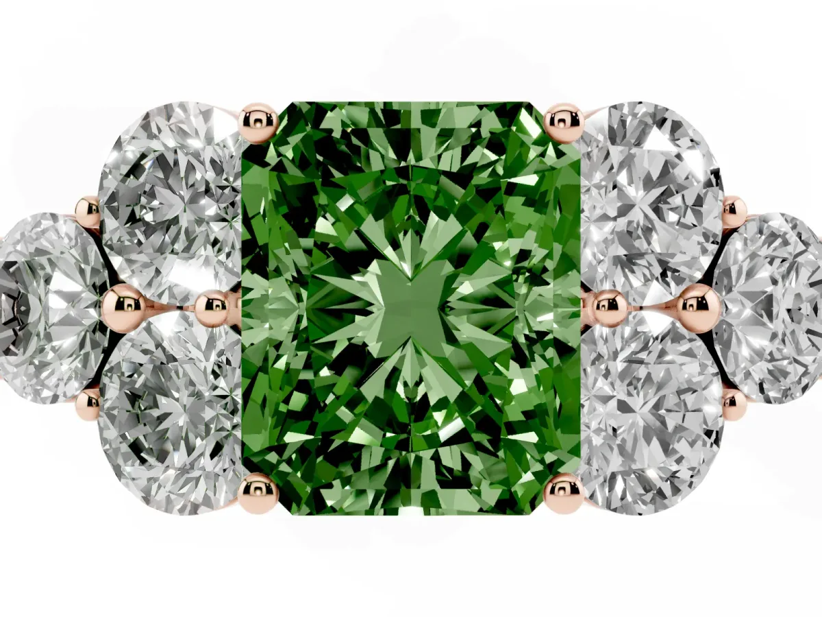 Fancy Green Radiant Cut Cut Diamond Cluster Ring with Round Accent Stones and Prong Setting on a Classic Band Rose gold