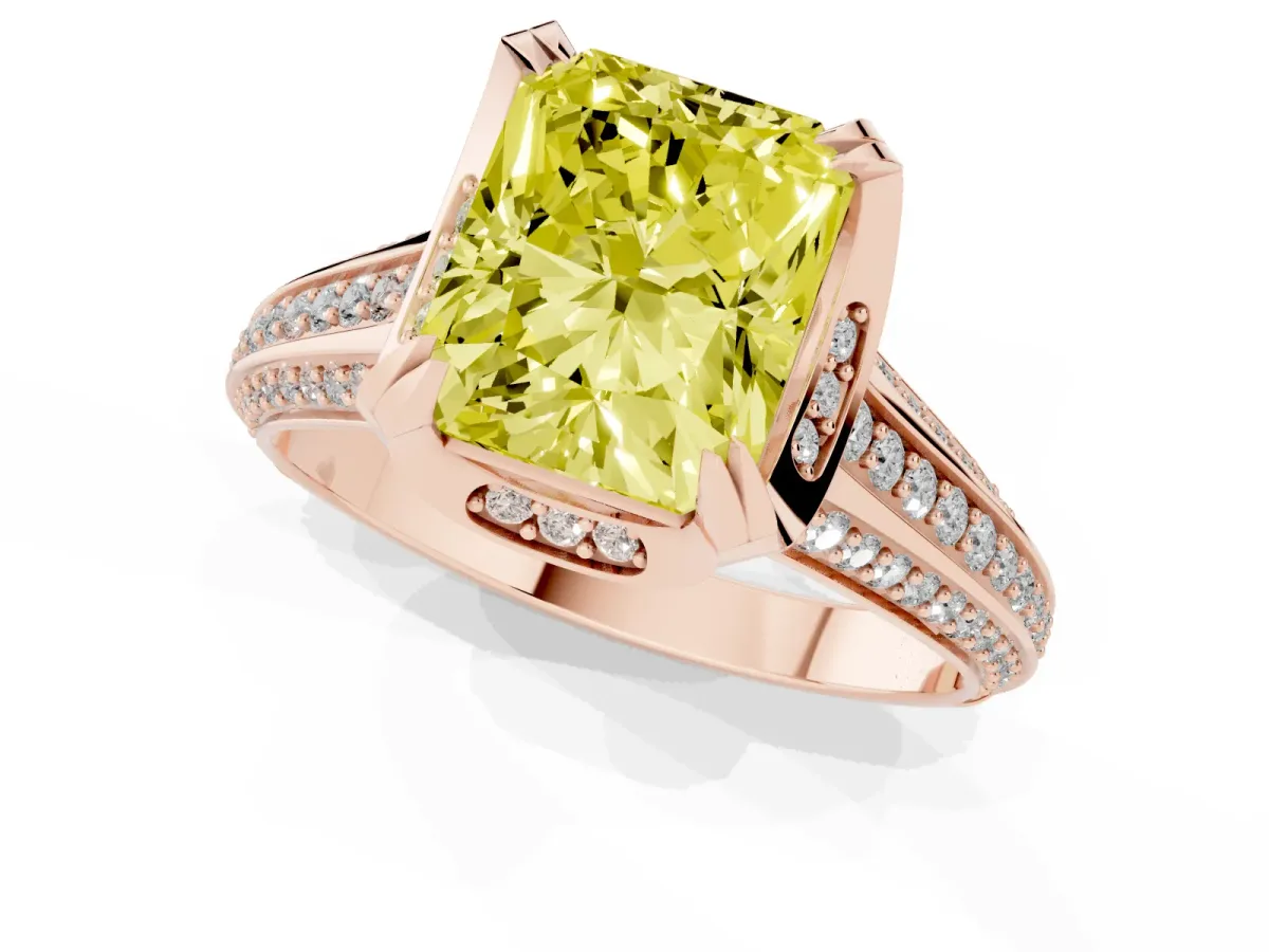 Fancy Yellow Radiant Cut Solitaire Pave Split Shank Ring with Four-Prong Setting Rose gold