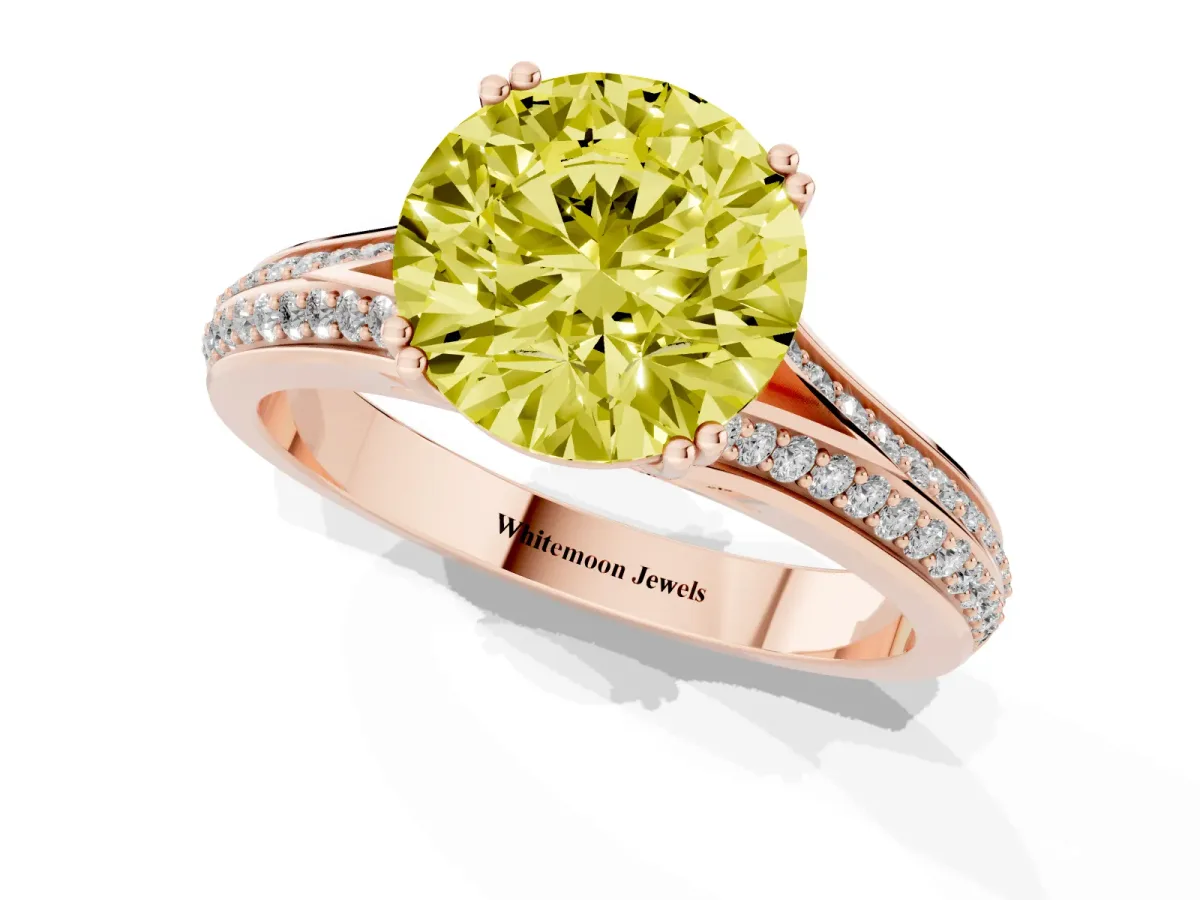Fancy Yellow Round Cut Diamond Split Shank Engagement Ring with Pavé Band Rose gold