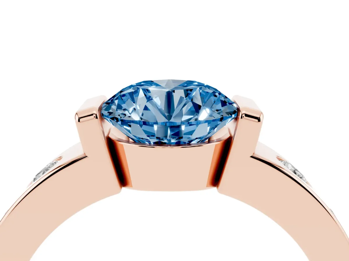 Fancy Blue Round Cut Brilliant Channel-Set Diamond Ring with Bezel Prong Setting Rose gold