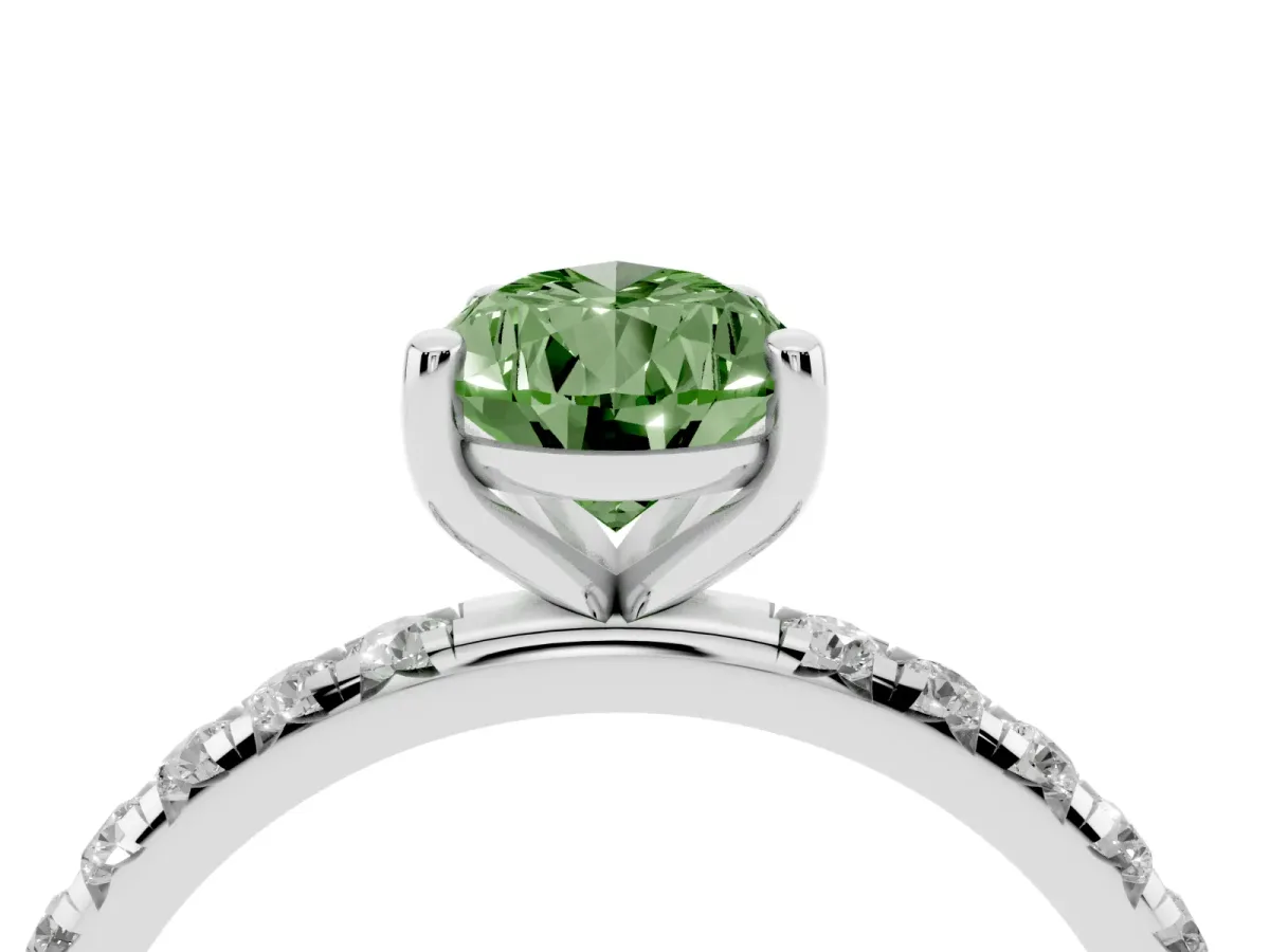 Fancy Green Pear Cut Cut Diamond Solitaire Ring with Micro Pave Band and Four Prong Setting Silver