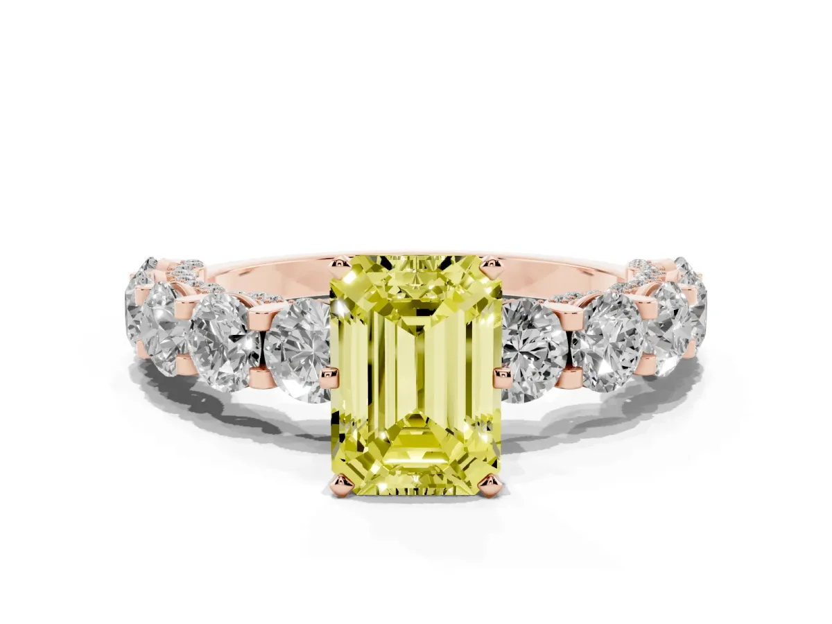 Fancy Yellow Emerald Cut Diamond Side Stone Engagement Ring with Four-Prong Setting Rose gold