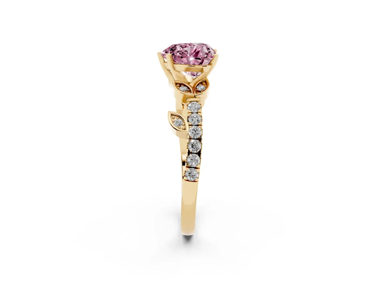 Fancy Pink Heart Cut Solitaire Leaf-Inspired Diamond Ring with Pavé Band and Four-Prong Setting Yellow gold