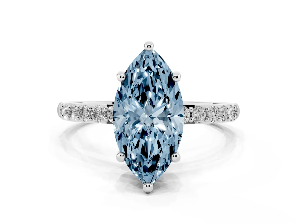 Fancy Blue Marquise Cut Diamond Solitaire Ring with Round Pavé Band and Prong Setting Silver