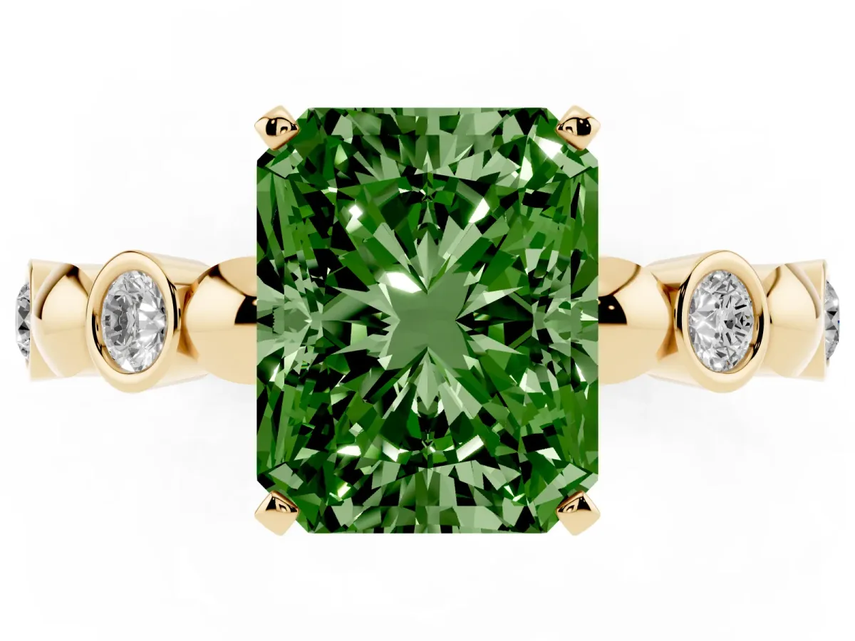 Fancy Green Radiant Cut Solitaire Bezel-Set Diamond Ring with Beaded Band and Four-Prong Setting Yellow gold