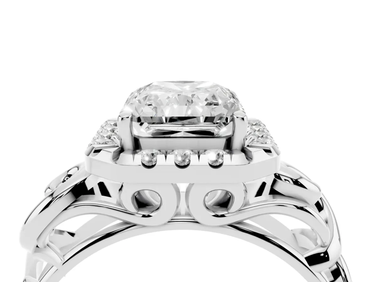 Radiant Cut Cut Halo Diamond Ring with Scrollwork Band and Four-Prong Setting Platinum