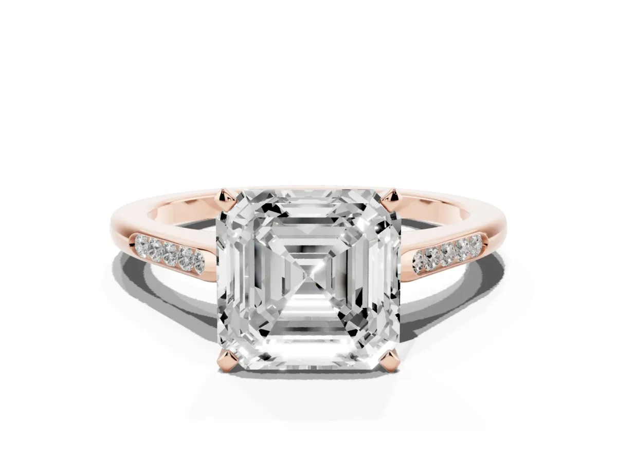 Asscher Cut Diamond Solitaire Ring with Channel Set Round Band and Prong Setting Rose gold