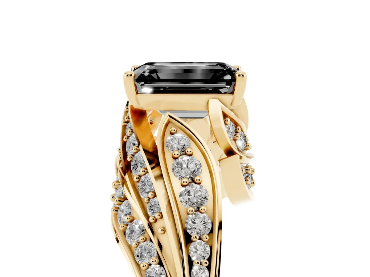Fancy Black Emerald Cut Diamond Solitaire Ring with Prong Setting and Twisted Pavé Band Yellow gold