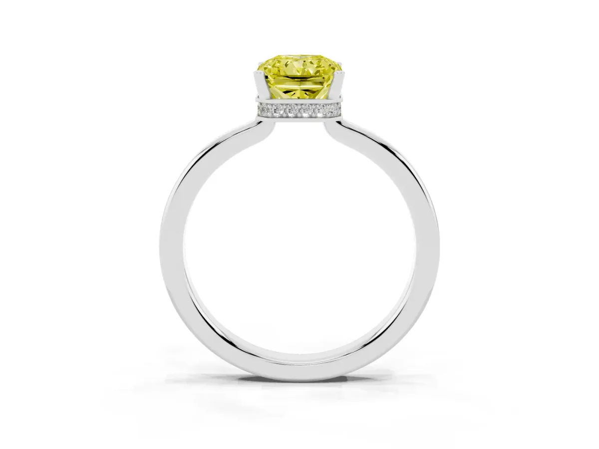 Fancy Yellow Radiant Cut Cut Solitaire Engagement Ring with Four-Prong Setting on a Classic Band Silver