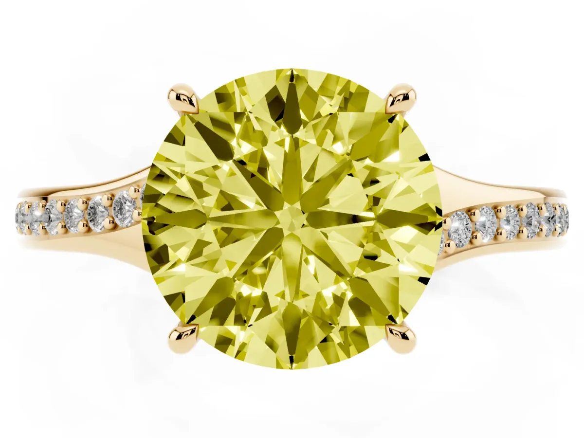 Fancy Yellow Round Cut Diamond Solitaire Ring with Pavé Band and Prong Setting Yellow gold