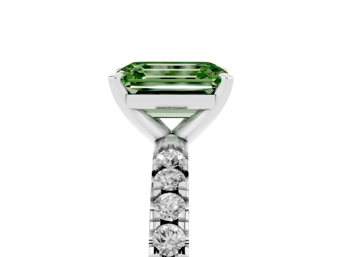 Fancy Green Emerald Cut Diamond Pavé Band Solitaire with Four-Prong Setting Platinum