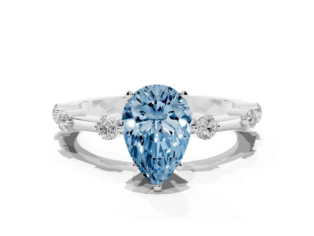 Fancy Blue Pear Cut Solitaire Diamond Ring with Bezel Set Side Stones and Prong Setting Platinum