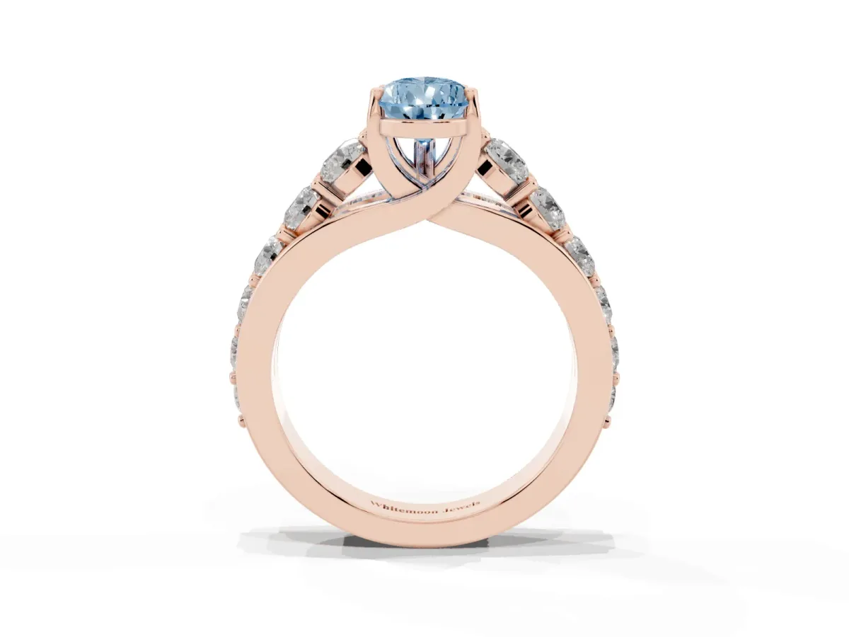 Fancy Blue Pear Cut Diamond Engagement Ring with Pavé Band and Four-Prong Setting Rose gold