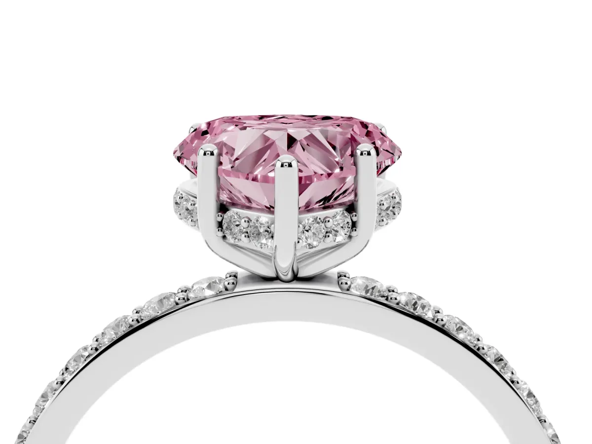 Fancy Pink Heart Cut Diamond Solitaire Ring with Pavé Band and Hidden Halo Platinum