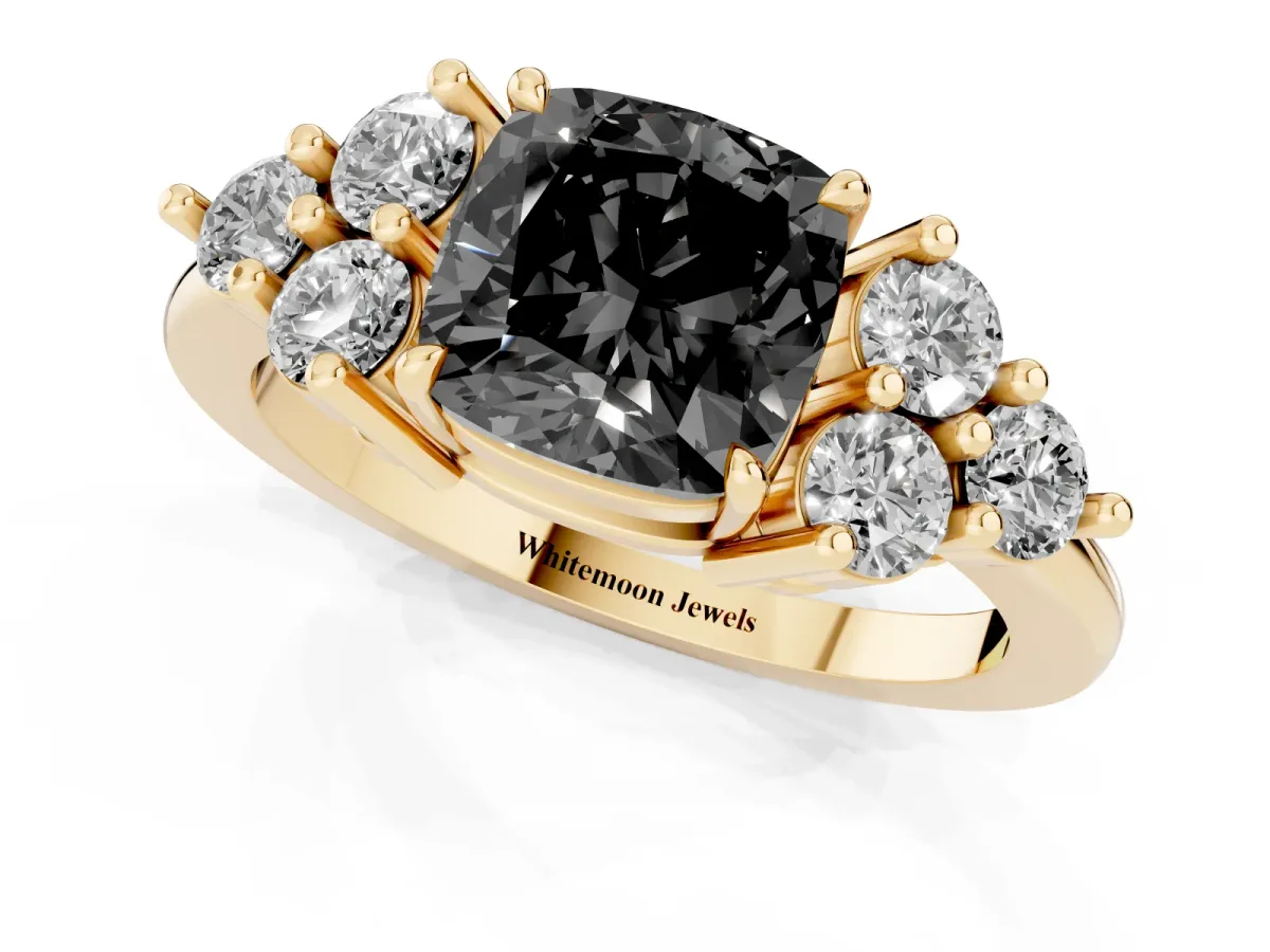 Fancy Black Cushion Cut Brilliant Diamond Cluster Accent Solitaire Ring with Prong Setting Yellow gold