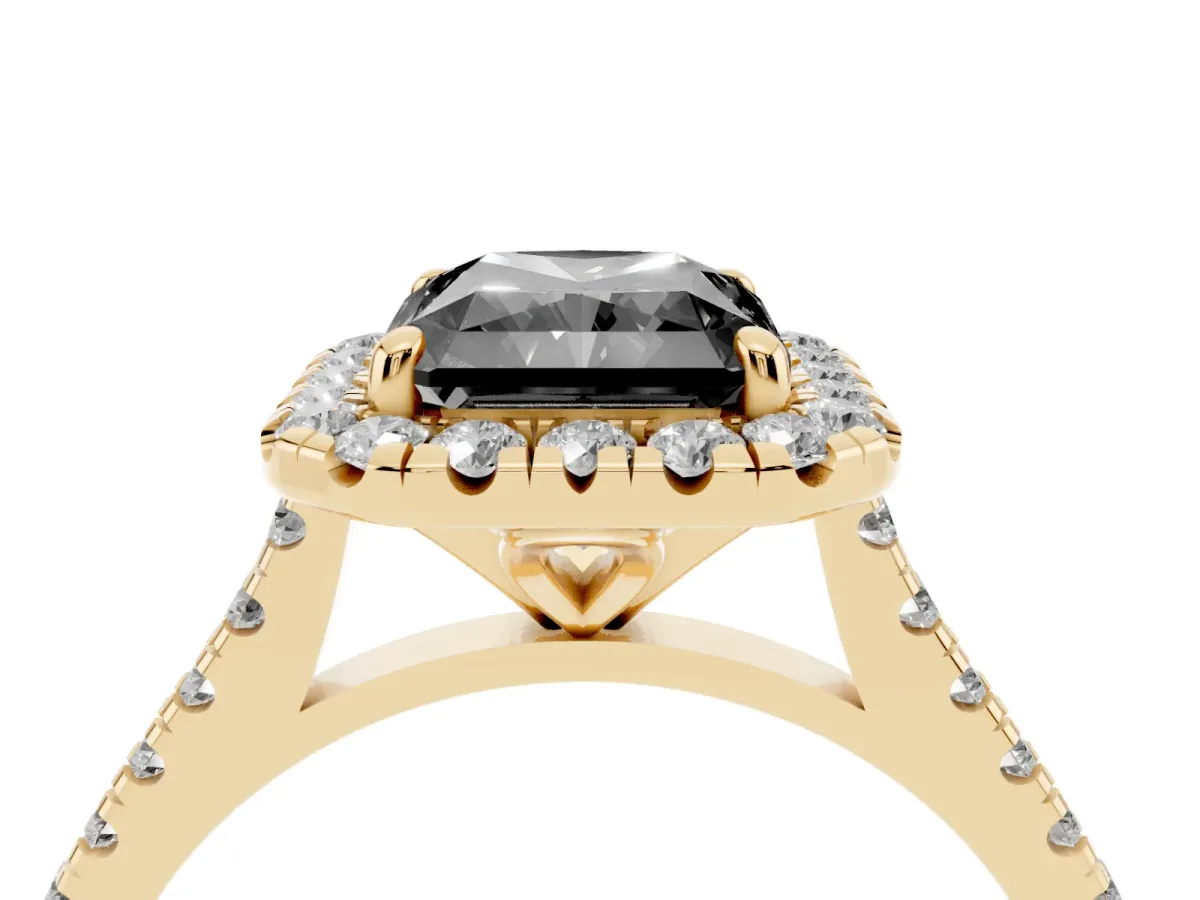 Fancy Black Radiant Cut Diamond Cushion Halo Ring with Pavé Band Yellow gold