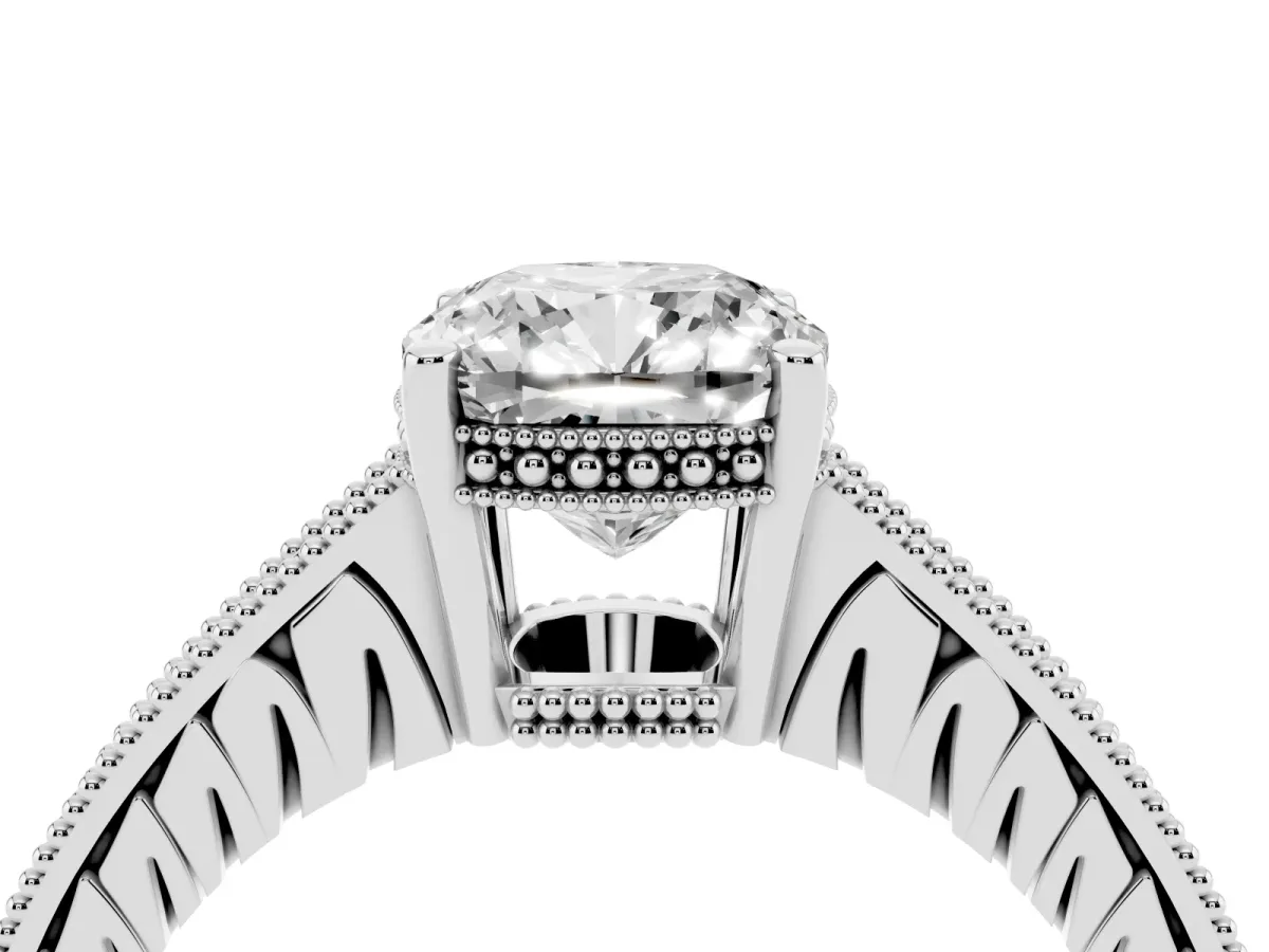 Cushion Cut Solitaire Pavé Diamond Milgrain Engagement Ring with Four-Prong Setting Silver