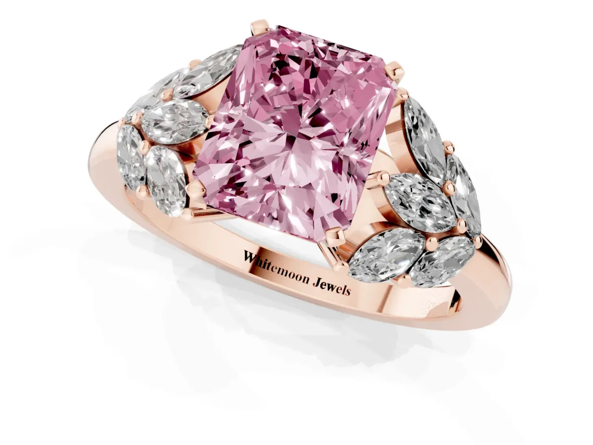 Fancy Pink Radiant Cut Diamond Cluster Leaf Design Ring with Prong Setting Rose gold