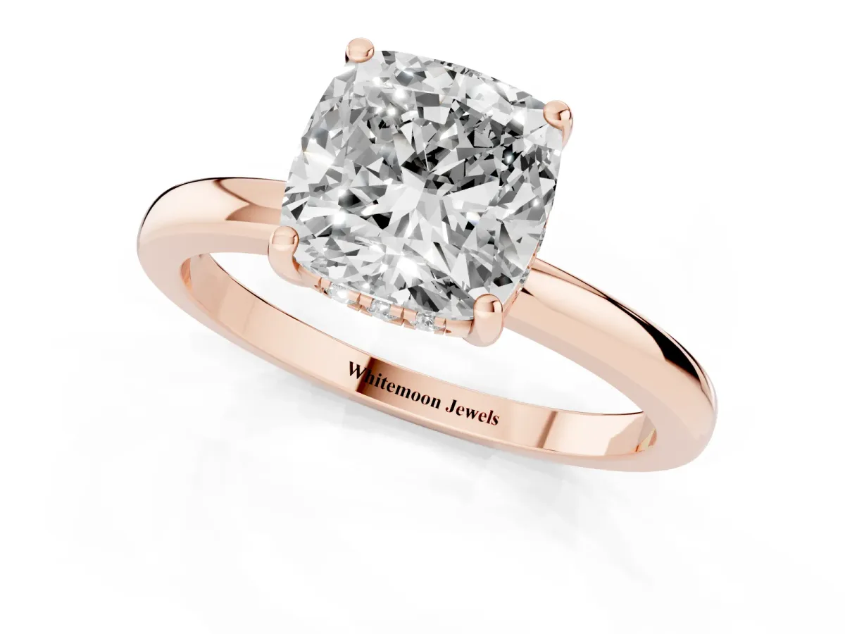 Cushion Cut Solitaire Diamond Ring with Prong Setting and Plain Band Rose gold