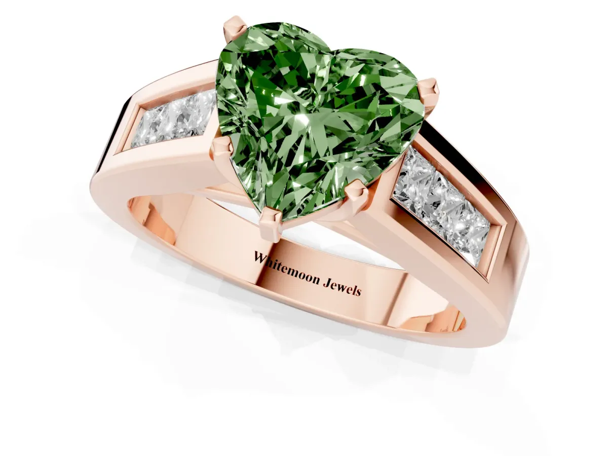 Fancy Green Heart Cut Cut Channel Set Solitaire Ring with Four-Prong Setting Rose gold