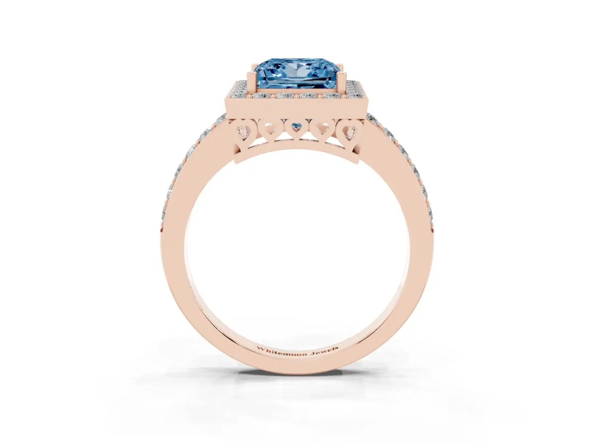 Fancy Blue Princess Cut Halo Diamond Pavé Band Ring with Prong Setting Rose gold