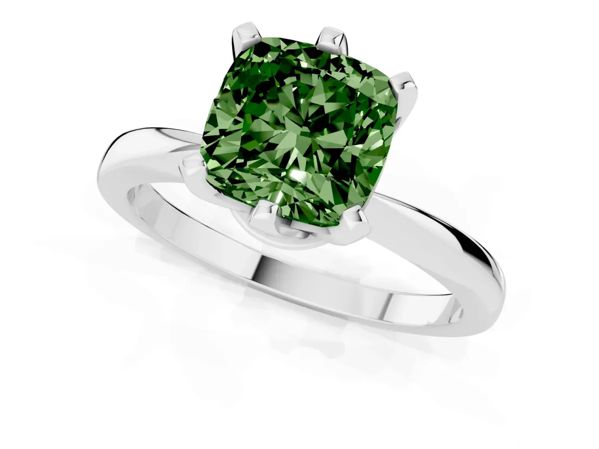 Fancy Green Cushion Cut Solitaire Engagement Ring with Six-Prong Setting and Tapered Band Platinum