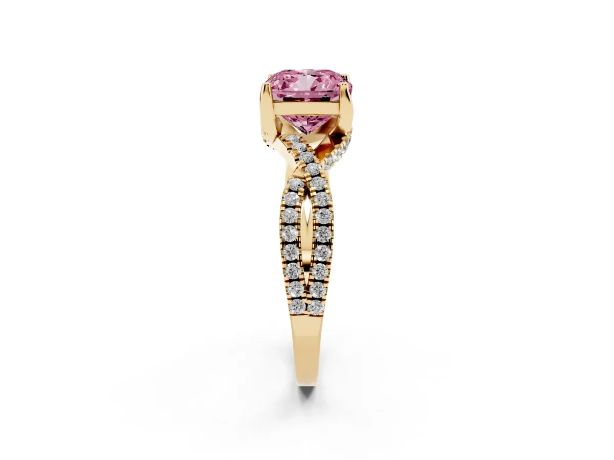 Fancy Pink Cushion Cut Solitaire Twist Pave Diamond Engagement Ring with Prong Setting Yellow gold