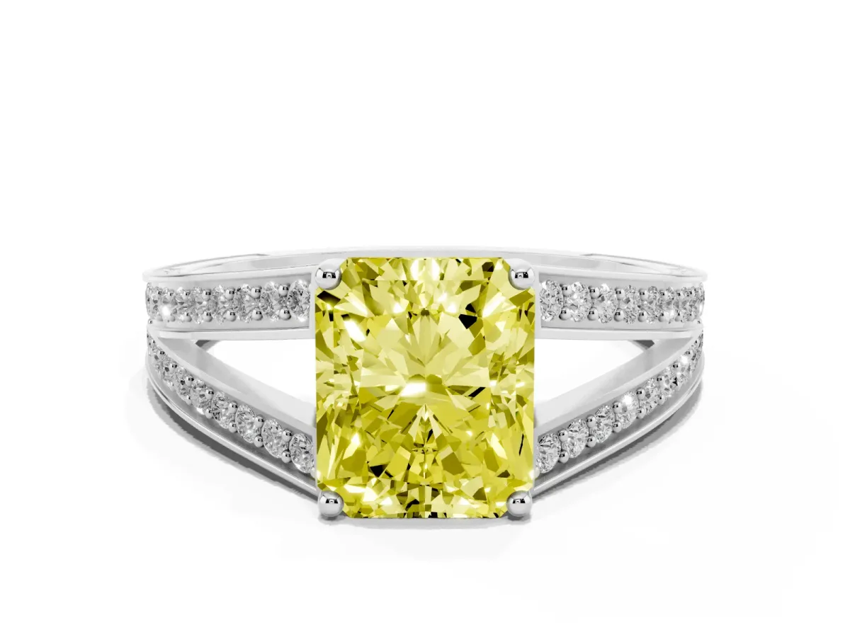 Fancy Yellow Radiant Cut Diamond Split Shank Ring with Pavé Band and Four-Prong Setting Platinum