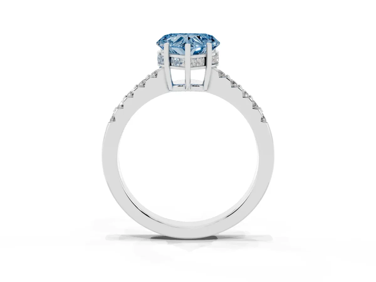 Fancy Blue Heart Cut Solitaire Diamond Engagement Ring with Pavé Band and Six-Prong Setting Silver