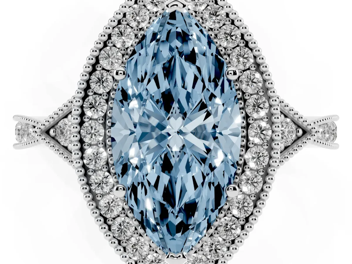 Fancy Blue Marquise Cut Halo Round Diamond Milgrain Pave Engagement Ring Silver