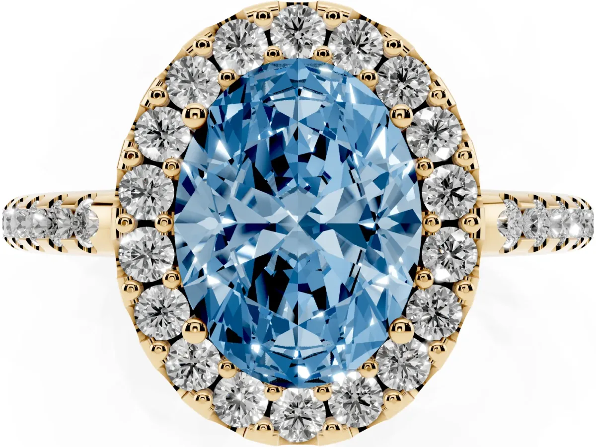 Fancy Blue Oval Cut Diamond Pavé Halo Ring with Four-Prong Setting Yellow gold