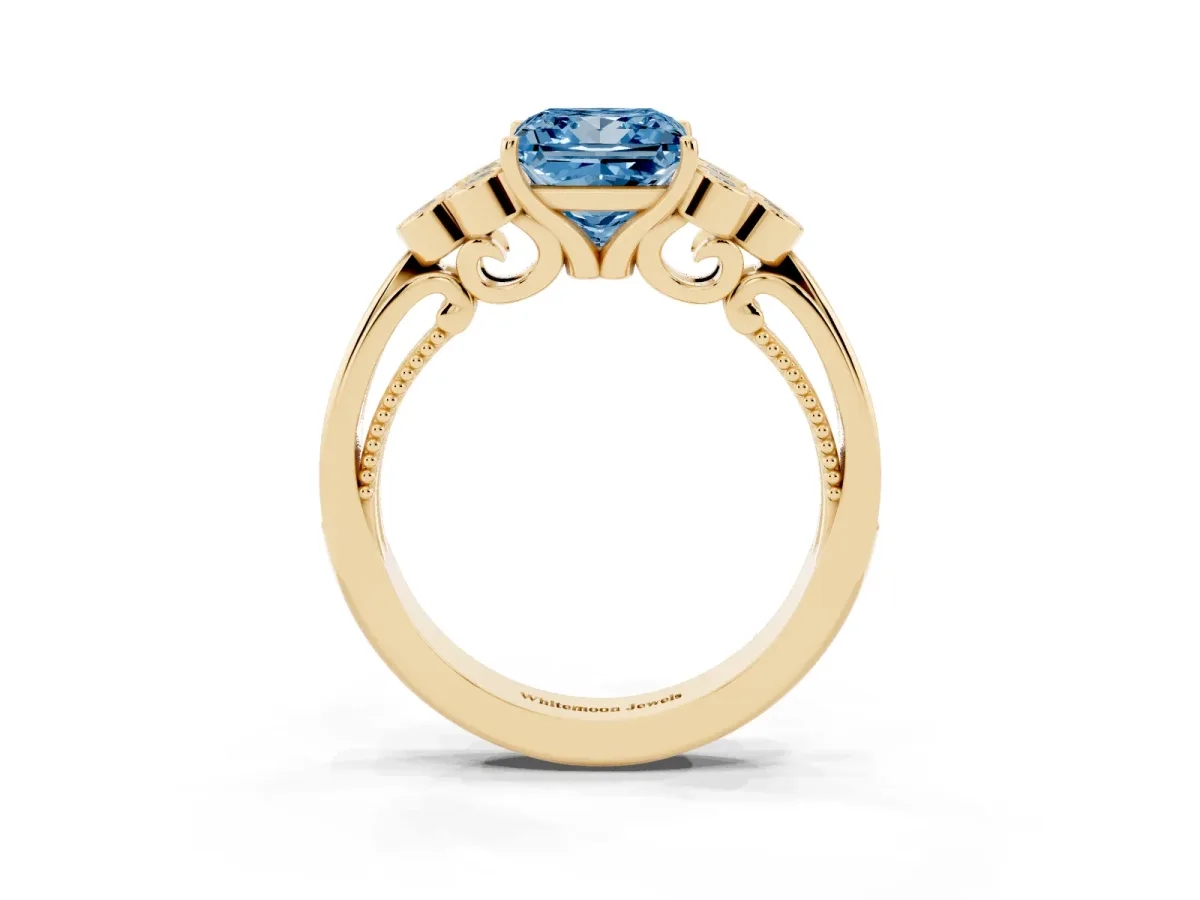 Fancy Blue Princess Cut Cut Diamond Engagement Ring with Bezel Set Round Side Stones and Prong Setting Yellow gold