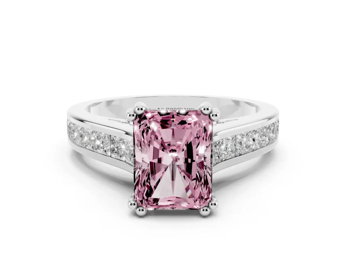 Fancy Pink Radiant Cut Cut Channel Set Solitaire Engagement Ring with Prong Setting Platinum
