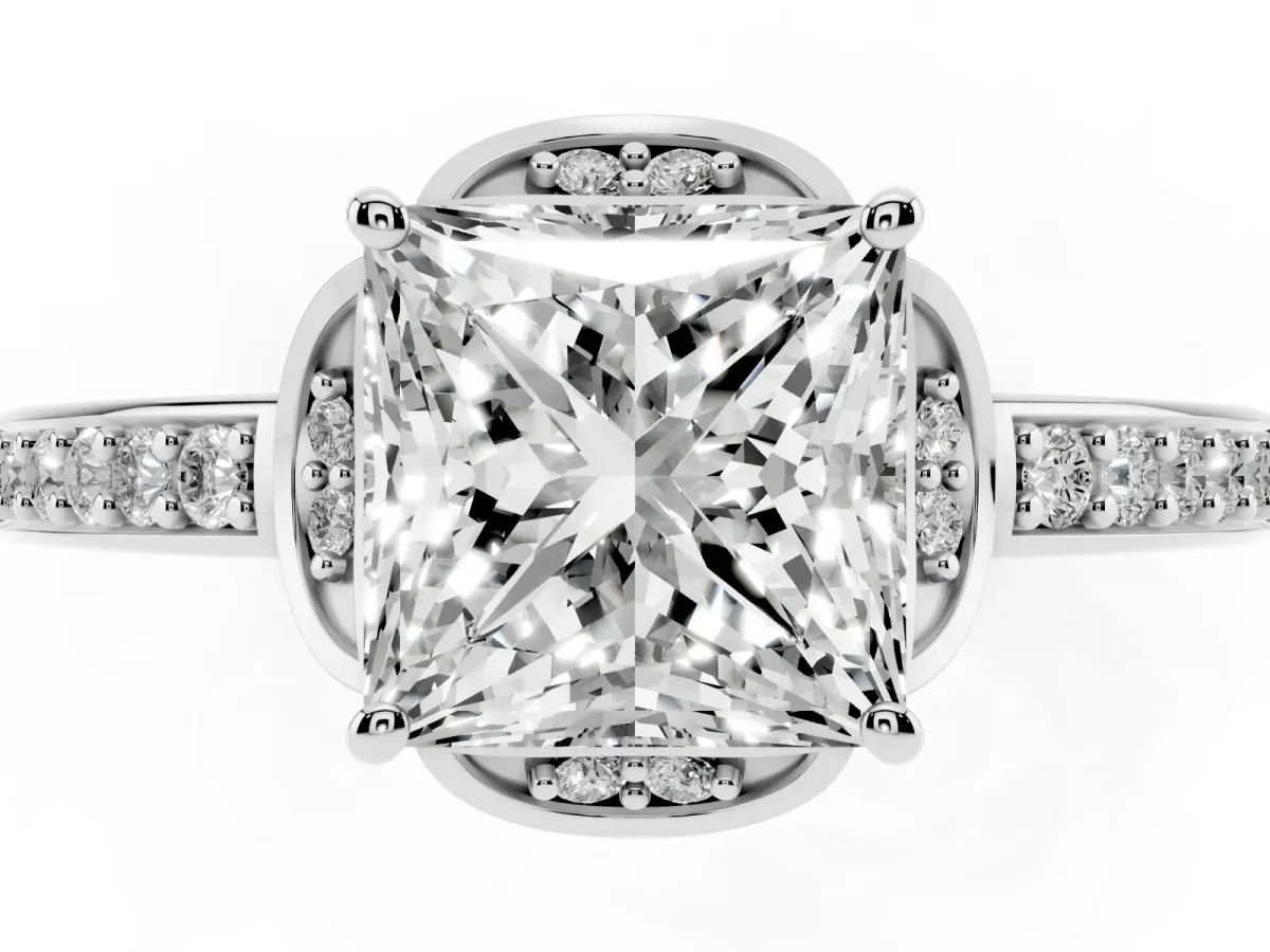 Princess Cut Cut Halo Diamond Ring with Channel Set Band and Four-Prong Setting Platinum