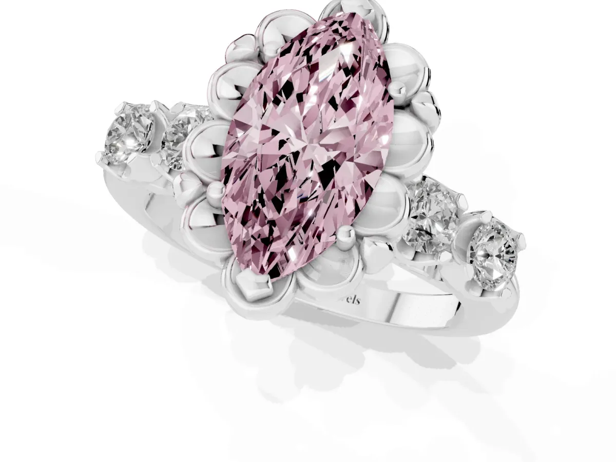 Fancy Pink Marquise Cut Cut Diamond Floral Halo Engagement Ring with Shared Prong Setting Platinum
