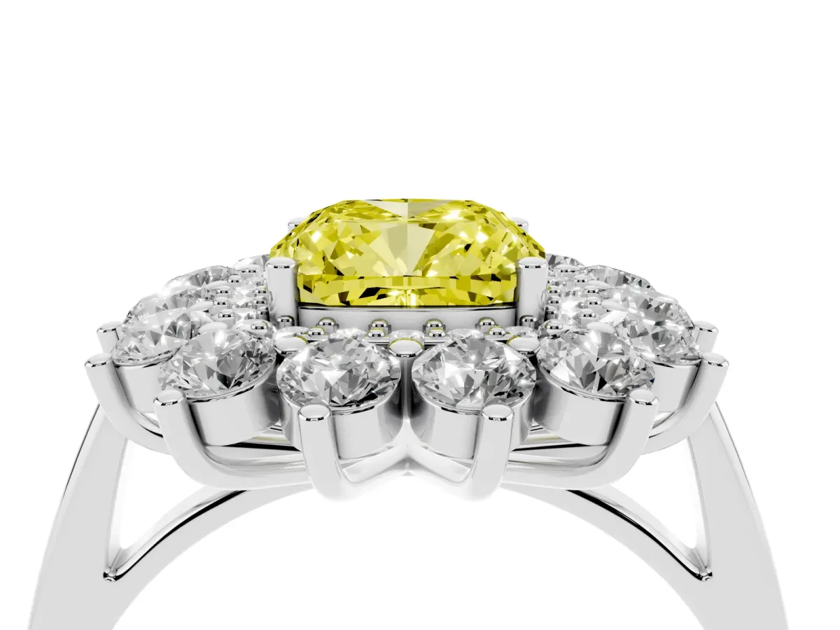 Fancy Yellow Cushion Cut Diamond Floral Double Halo Engagement Ring with Prong Setting White gold