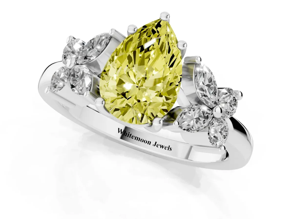 Fancy Yellow Pear Cut Diamond Floral Cluster Ring with Solitaire Band and Prong Setting White gold