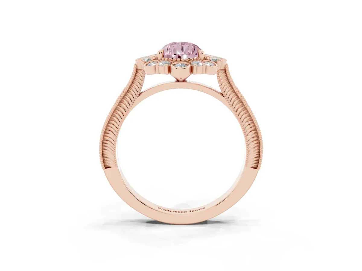 Fancy Pink Pear Cut Halo Milgrain Pave Diamond Ring with Four-Prong Setting Rose gold