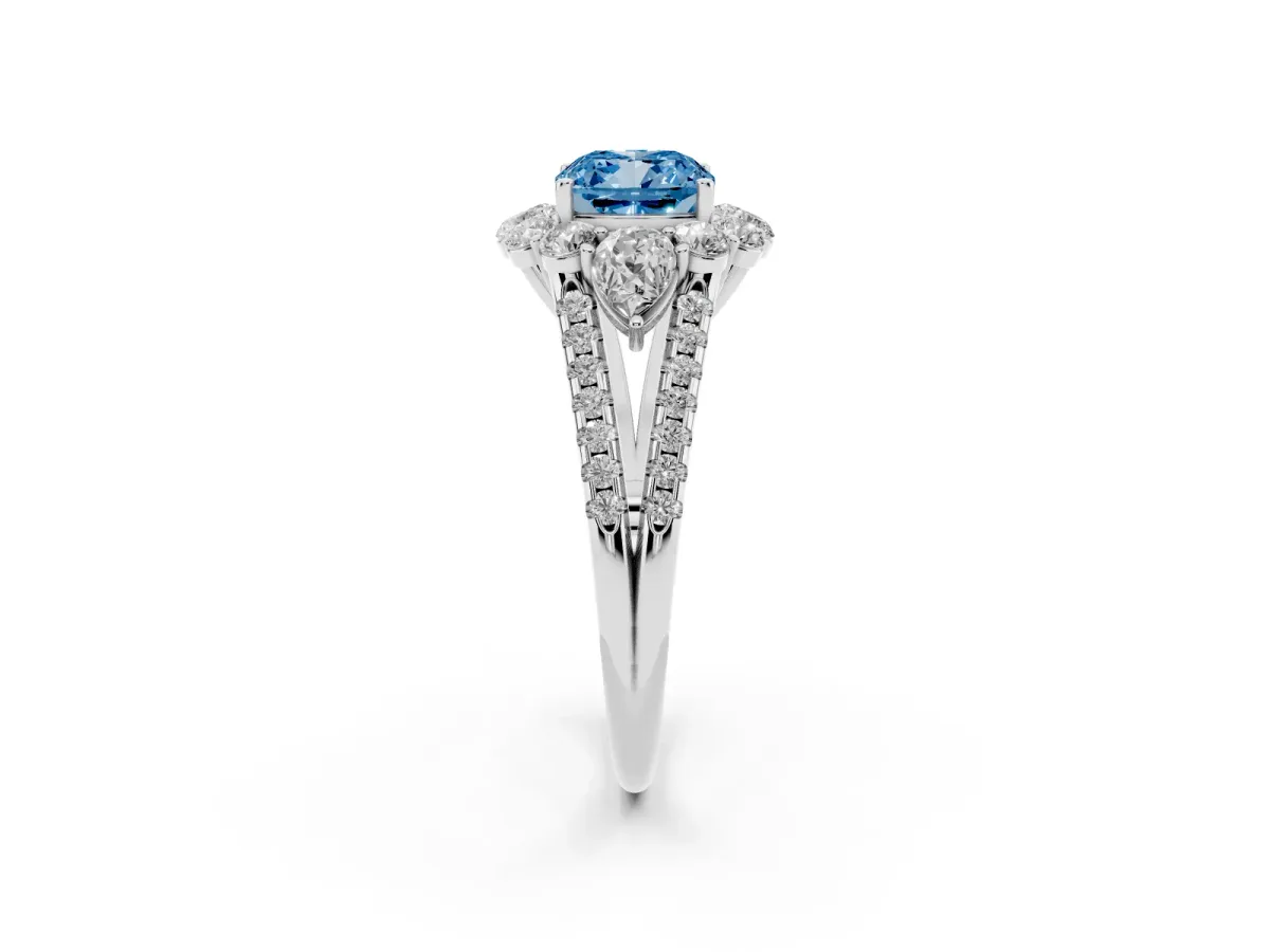 Fancy Blue Cushion Cut Halo Split Shank Diamond Engagement Ring with Prong Setting White gold