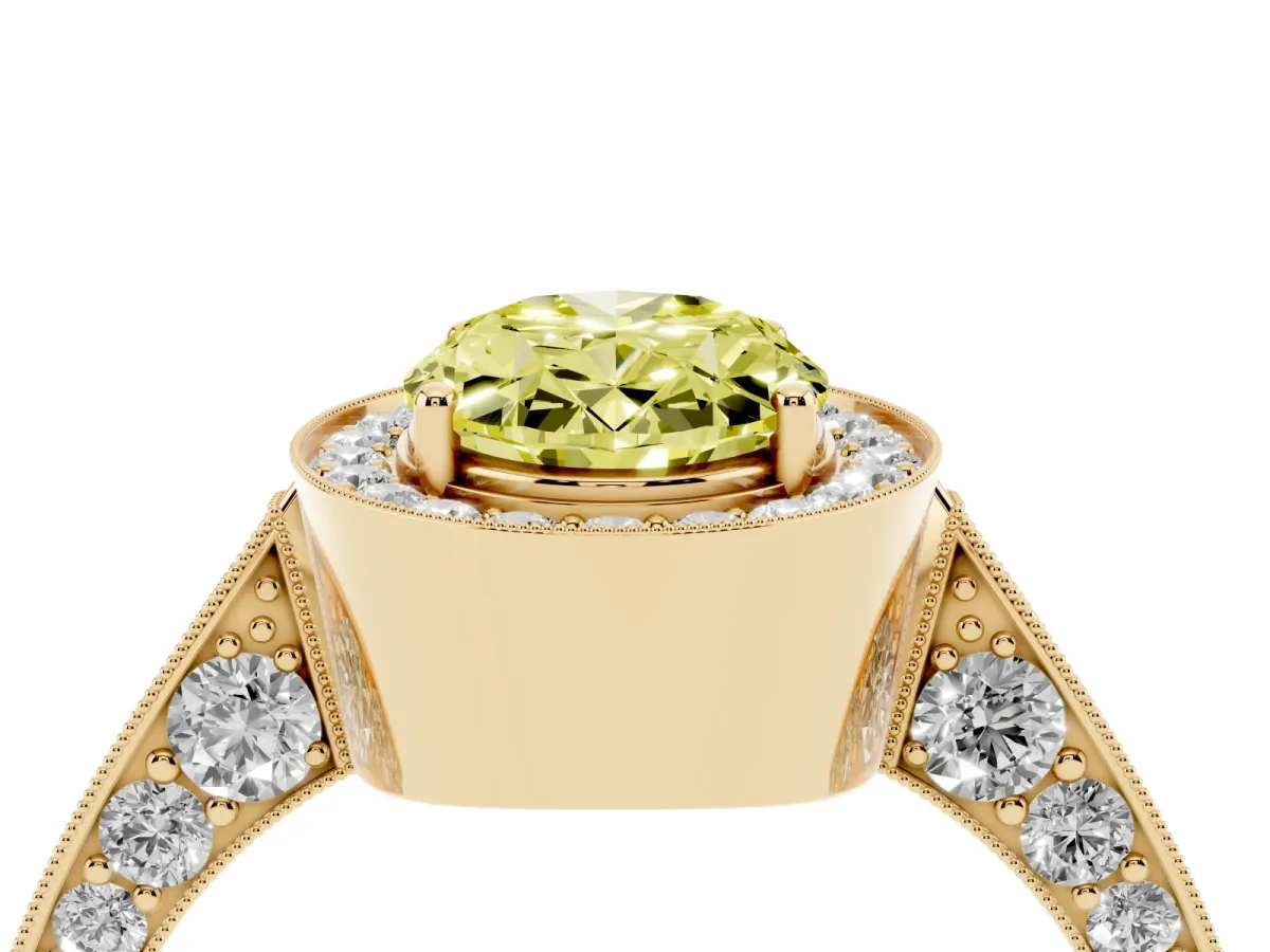 Fancy Yellow Oval Cut Halo Diamond Engagement Ring with Split Shank Band and Four-Prong Setting Yellow gold