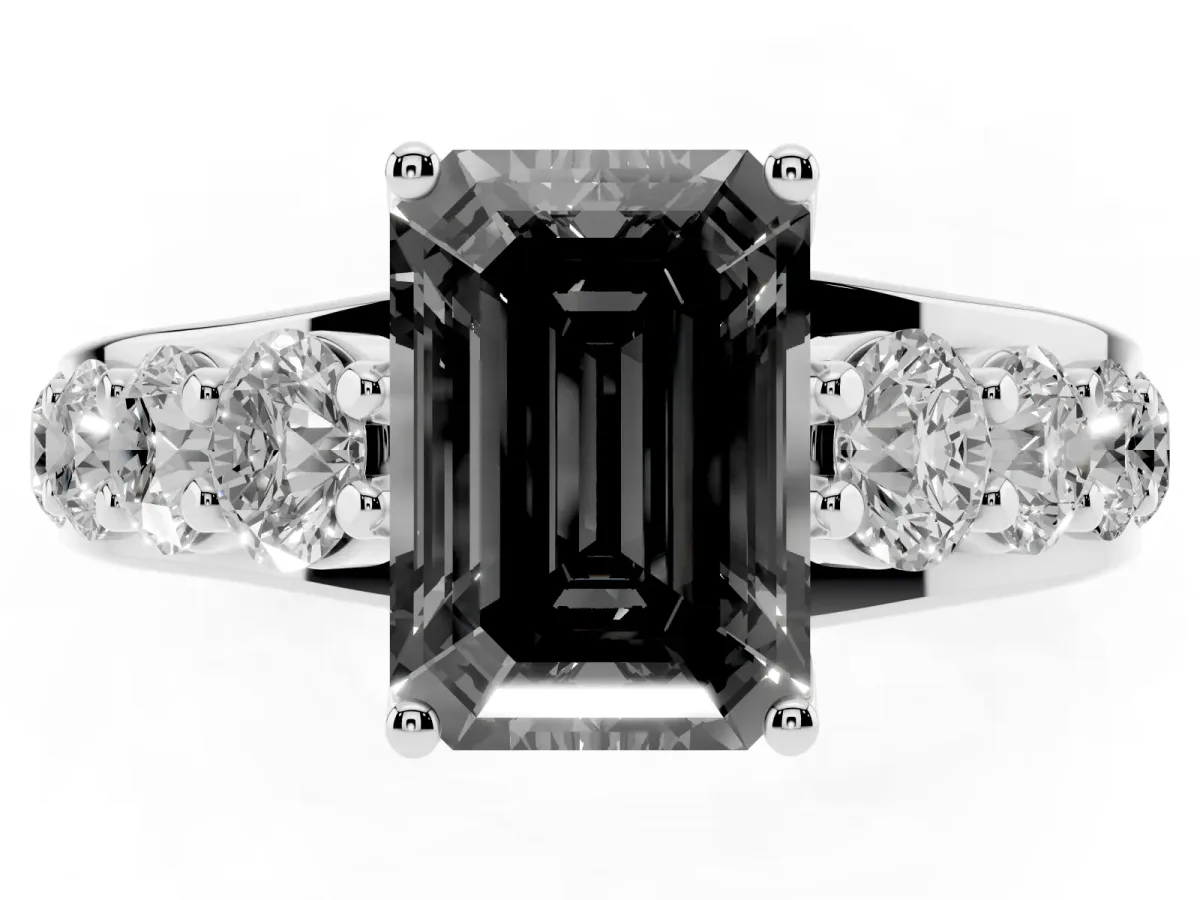 Fancy Black Emerald Cut Diamond Engagement Ring with Pavé Band and Four-Prong Setting Silver