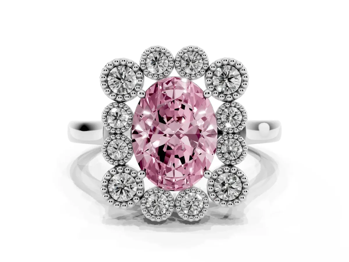 Fancy Pink Oval Cut Halo Diamond Cluster Engagement Ring with Milgrain Bezel Setting and Solitaire Band White gold