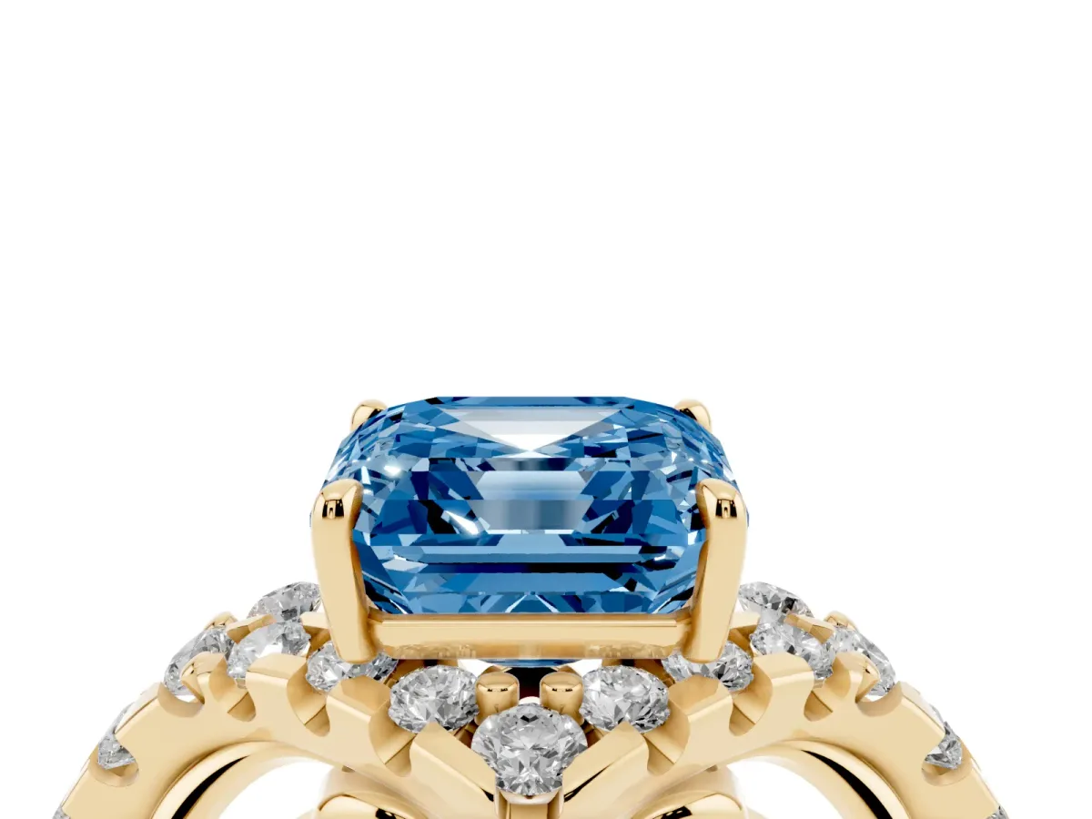Fancy Blue Asscher Cut Diamond Solitaire Ring with Hidden Halo and Pavé Band Yellow gold