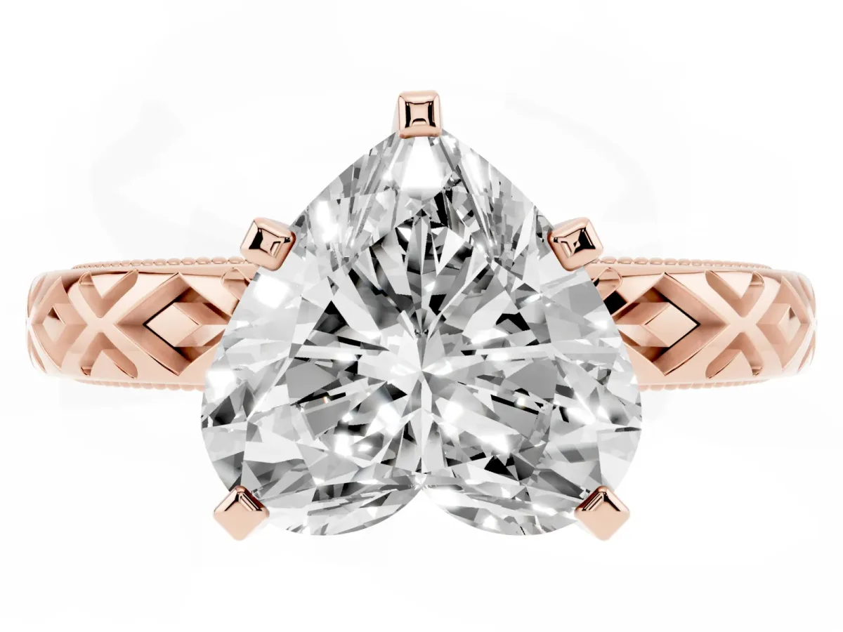 Heart Cut Solitaire Diamond Ring with Milgrain and Black Enamel X Pattern Band Rose gold