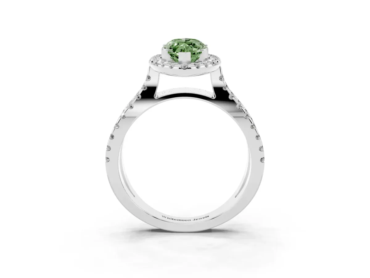 Fancy Green Marquise Cut Diamond Halo Ring with Split Shank Pavé Band and Prong Setting Silver