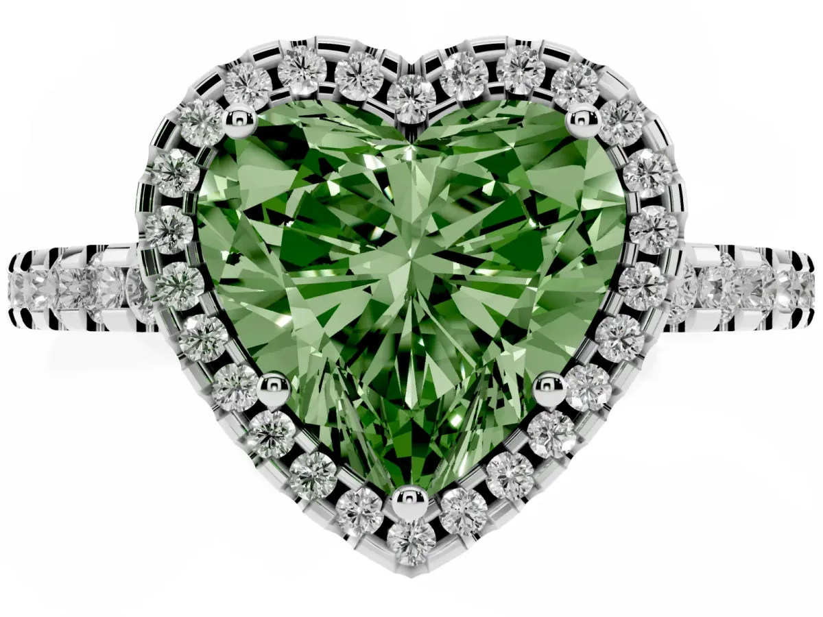 Fancy Green Heart Cut Diamond Halo Engagement Ring with Pavé Band and Prong Setting White gold