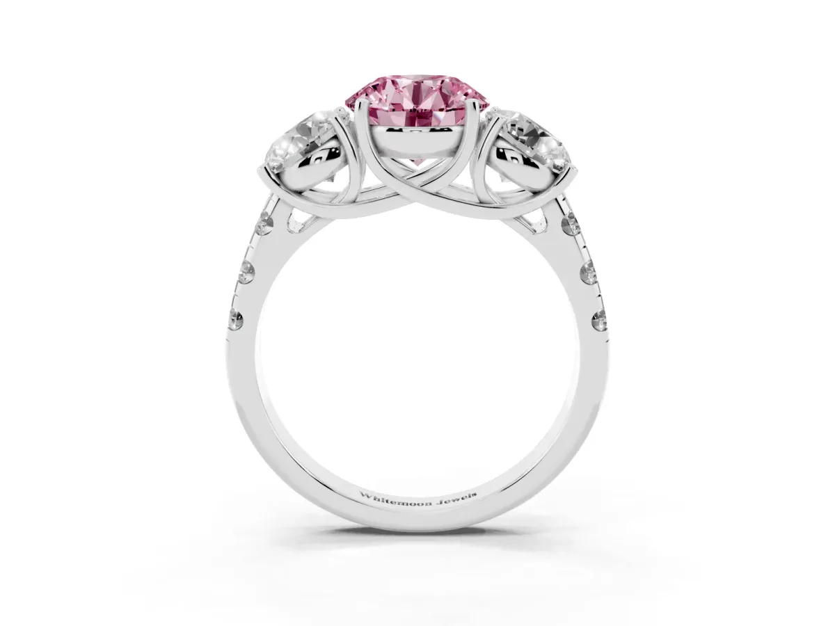Fancy Pink Three-Stone Round Cut Diamond Pavé Band with Prong Setting Platinum