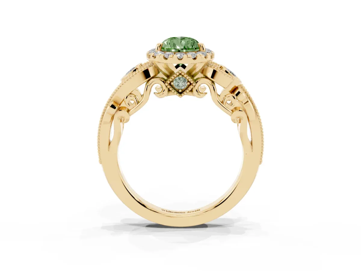 Fancy Green Pear Cut Diamond Halo Ring with Milgrain Pavé Band and Four-Prong Setting Yellow gold