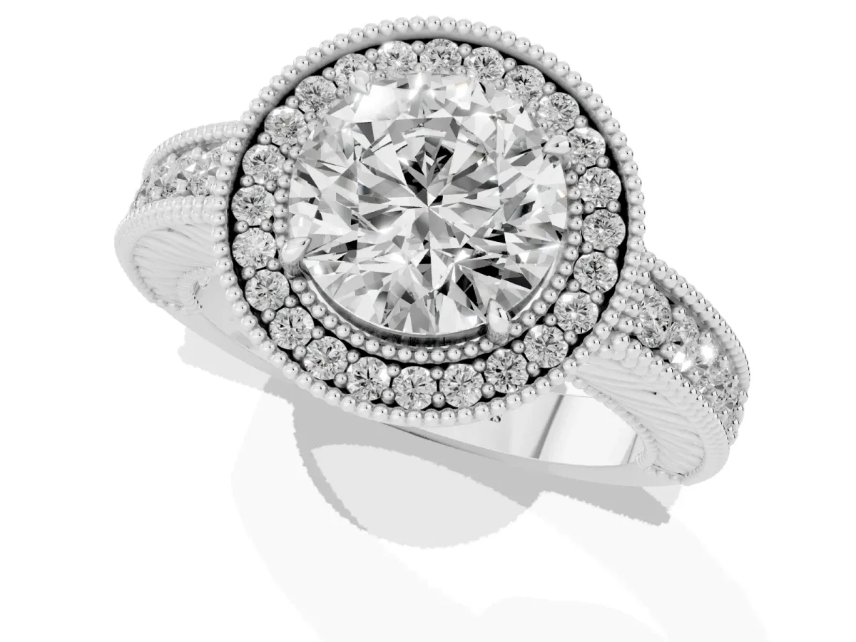 Round Cut Cut Halo Diamond Ring with Pavé Band and Four-Prong Setting Silver