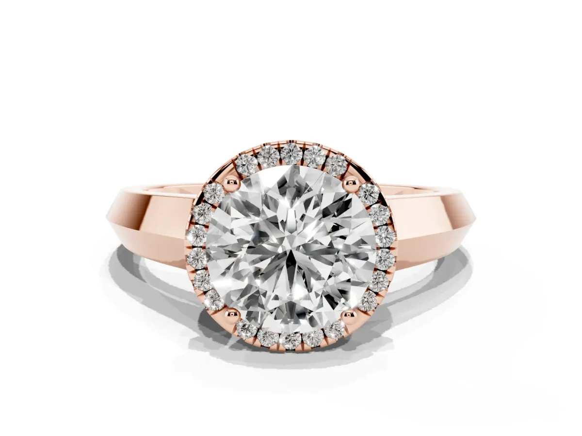 Round Cut Halo Diamond Ring with Cathedral Band and Four-Prong Setting Rose gold